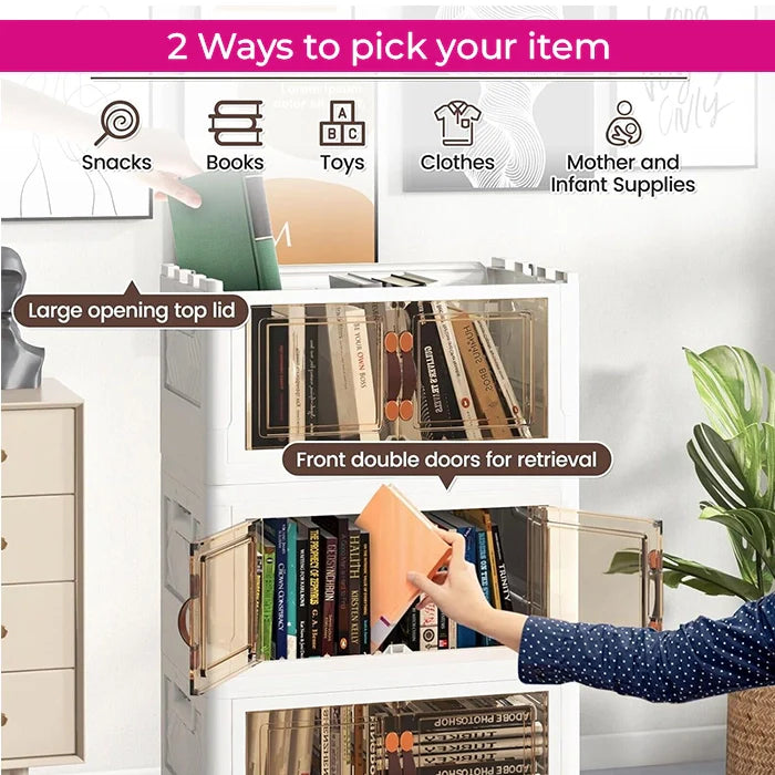 Foldable Transparent Storage Cabinet with Wheels & Magnetic Doors