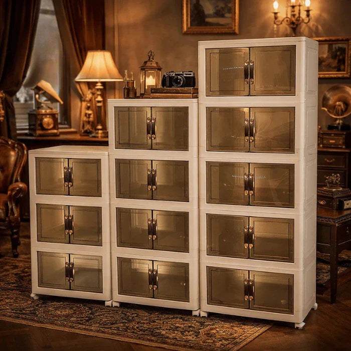 Foldable Transparent Storage Cabinet with Wheels & Magnetic Doors